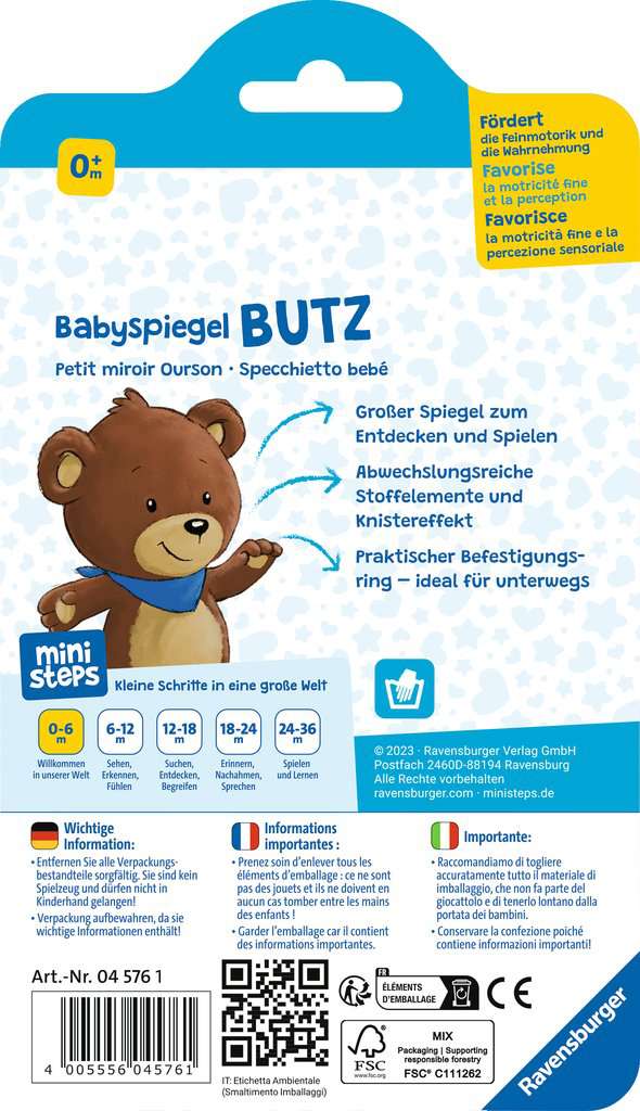 Ravensburger ministeps 4576 Babyspiegel Butz, Greifling mit Spiegel, Rassel und Spielelementen, Baby Spielzeug ab 0 Monate