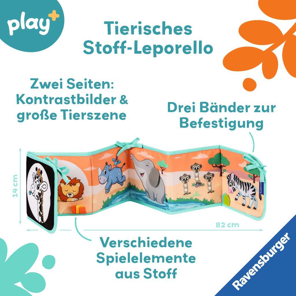 Ravensburger 4856 Play+ Mein allererstes Stoffbuch: Wilde Tiere, Leporello für die Bauchlage, Stoffbuch, Kuschelbuch, Babybett Umrandung, Nestchen