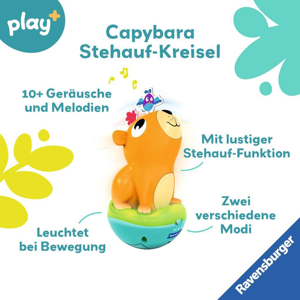 Ravensburger 4874 Play+ Musikalischer Stehauf-Kreisel: Capybara, Roly-Poly, Steh-auf-Männchen, Licht- und Sound-Spielzeug, elektronisches Spielzeug für Kinder ab 1 Jahr