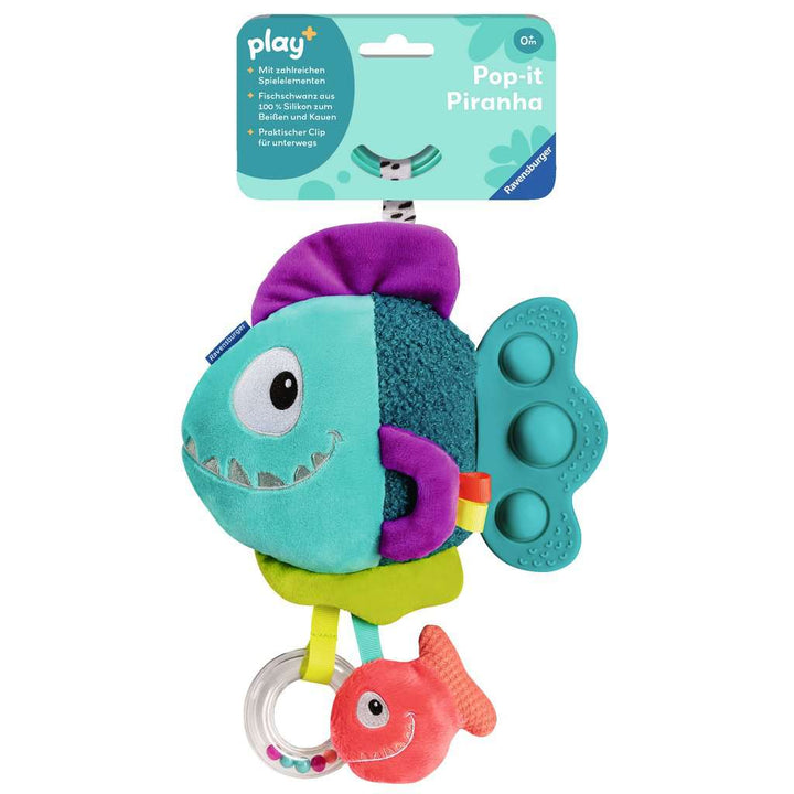 Ravensburger 4876 Play+ Pop-it Piranha (blau), Kuscheltier mit vielen Spieleffekten, Baby-Spielzeug ab 0 Monaten