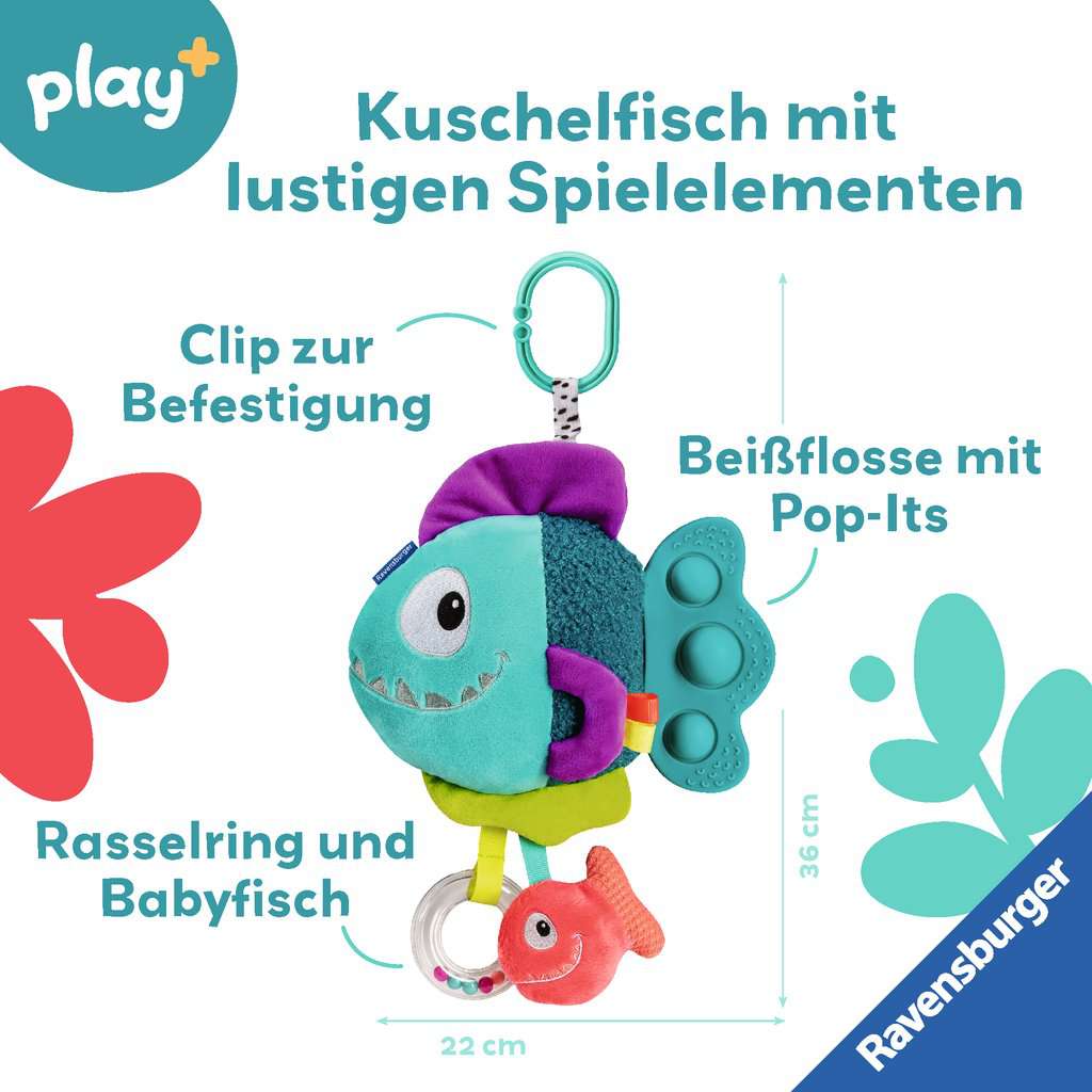 Ravensburger 4876 Play+ Pop-it Piranha (blau), Kuscheltier mit vielen Spieleffekten, Baby-Spielzeug ab 0 Monaten