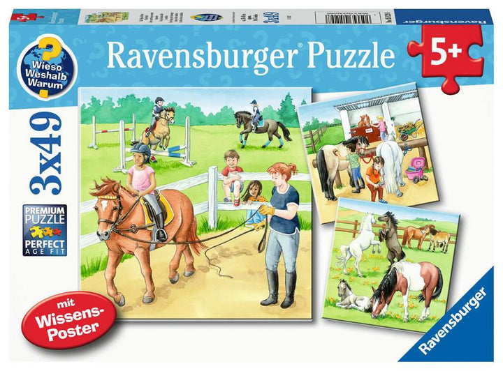 Ravensburger Kinderpuzzle - 05129 Ein Tag auf dem Reiterhof - 3x49 Teile Wieso? Weshalb? Warum? Puzzle für Kinder ab 5 Jahren