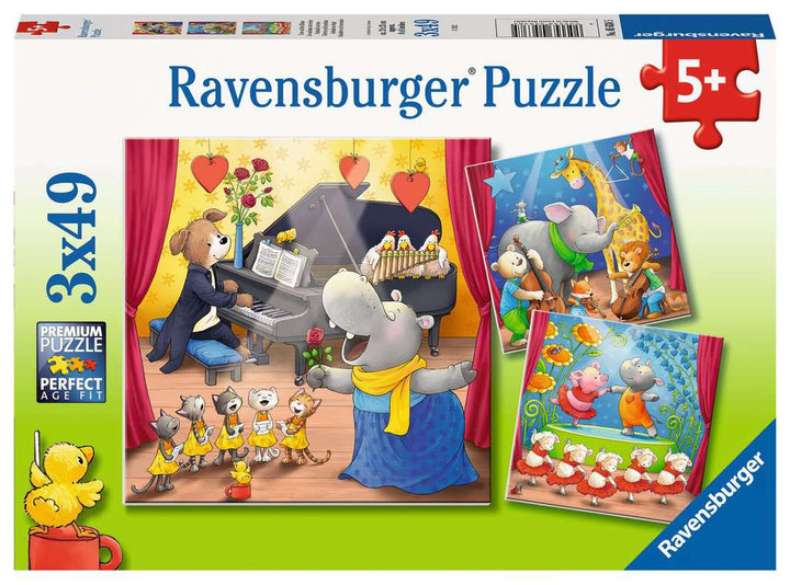 Ravensburger Kinderpuzzle - Tiere auf der Bühne - 3x49 Teile Puzzle für Kinder ab 5 Jahren