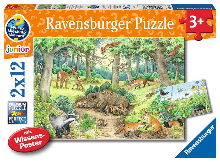 Ravensburger Kinderpuzzle - 05673 Tiere im Wald und auf der Wiese - 2x12 Teile + Wissensposter, Wieso? Weshalb? Warum? Puzzle für Kinder ab 3 Jahren