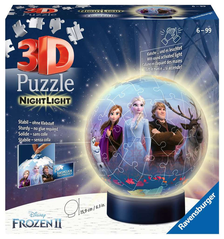 Ravensburger 3D Puzzle 11141 - Nachtlicht Puzzle-Ball Disney Frozen 2 - ab 6 Jahren, LED Nachttischlampe mit Klatsch-Schalter