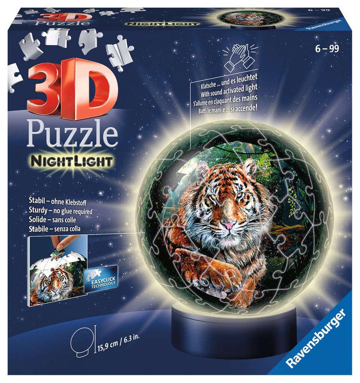 Ravensburger 3D Puzzle 11248 - Nachtlicht Puzzle-Ball Raubkatzen - ab 6 Jahren, LED Nachttischlampe mit Klatsch-Schalter