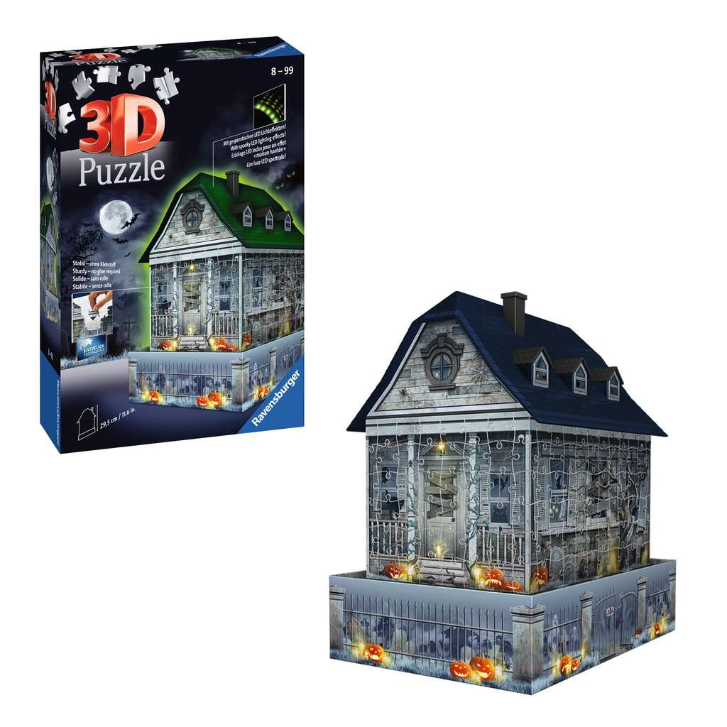 Ravensburger 3D Puzzle 11254 - Gruselhaus bei Nacht - Spukhaus mit LED Beleuchtung und gespenstischen Lichteffekten - Puzzle-Spaß und Dekoration für Halloween Fans ab 8 Jahren