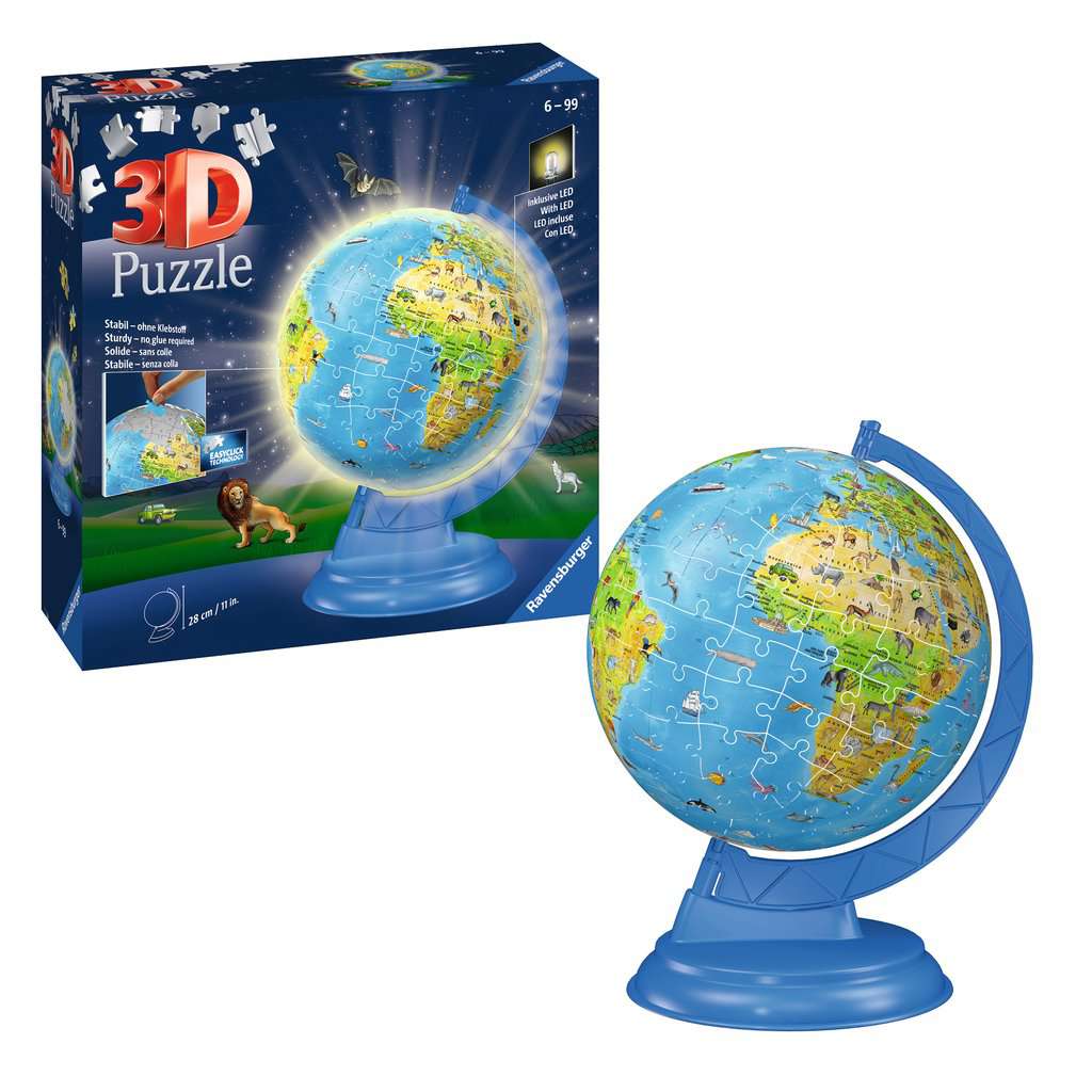 Ravensburger 3D Puzzle 11274 - Kinderglobus mit Licht in deutscher Sprache - 180 Teile - Beleuchteter Globus aus dreidimensional geformten Puzzleteilen - für Kinder ab 6 Jahren