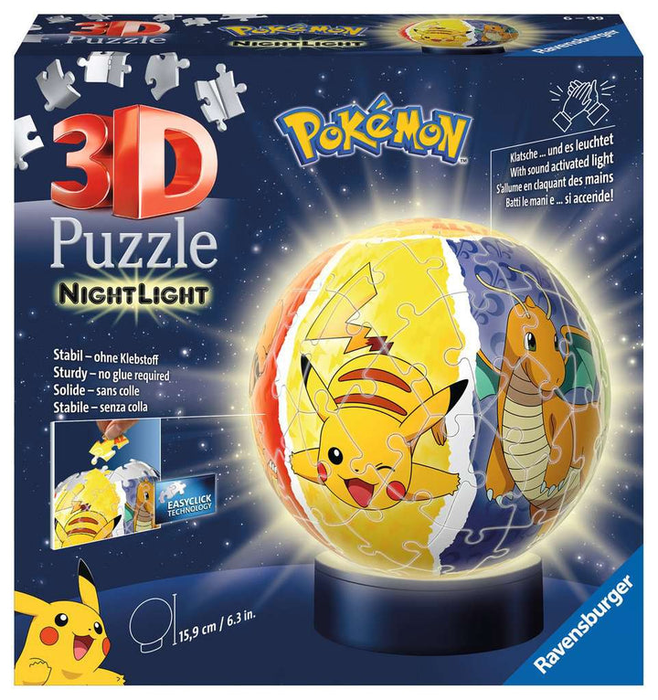 Ravensburger 3D Puzzle 11547 - Nachtlicht Puzzle-Ball Pokémon - für Pokémon Fans ab 6 Jahren, LED Nachttischlampe mit Klatsch-Schalter