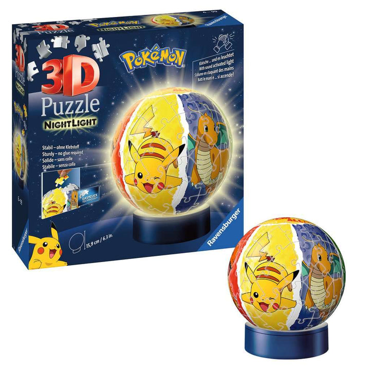 Ravensburger 3D Puzzle 11547 - Nachtlicht Puzzle-Ball Pokémon - für Pokémon Fans ab 6 Jahren, LED Nachttischlampe mit Klatsch-Schalter