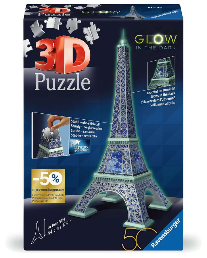 Ravensburger 3D Puzzle 11591 - Eiffelturm Glow-In-The-Dark Edition - Das Wahrzeichen aus Paris, nachleuchtend, als Geschenk oder zum selber Puzzeln in 3D ab 10 Jahren