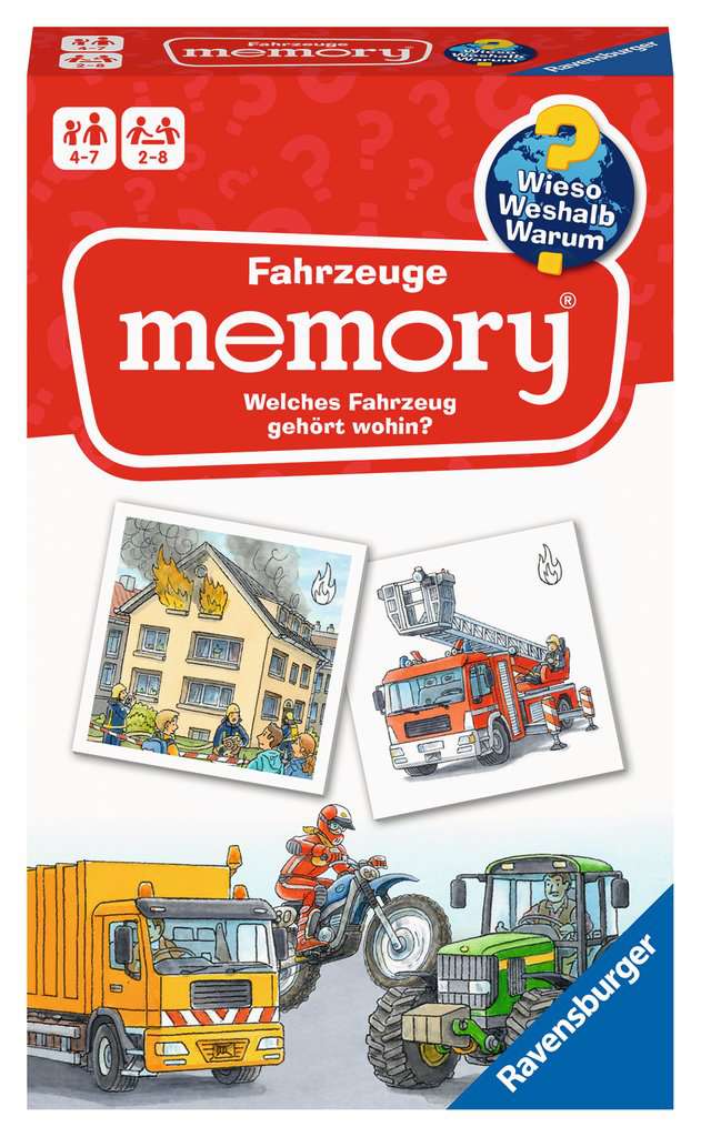 Ravensburger 20647 - Fahrzeuge memory® Wieso? Weshalb? Warum? der Spieleklassiker für 2-6 Spieler, Kinderspiel für alle Fahrzeug-Fans ab 4 bis 7 Jahren