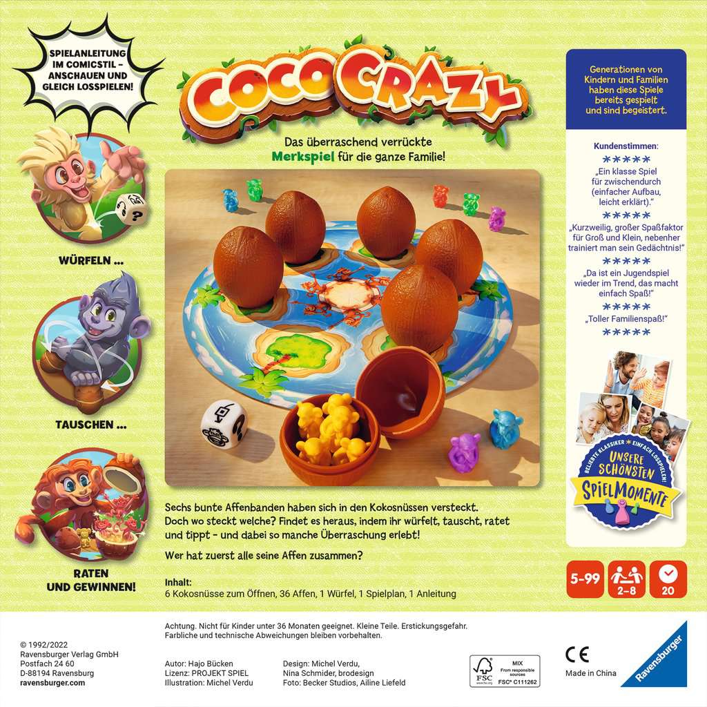 Ravensburger 20897 - Coco Crazy, Brettspiel für Kinder ab 5 Jahren, Familienspiel für Kinder und Erwachsene, Merkspiel für 2-8 Spieler