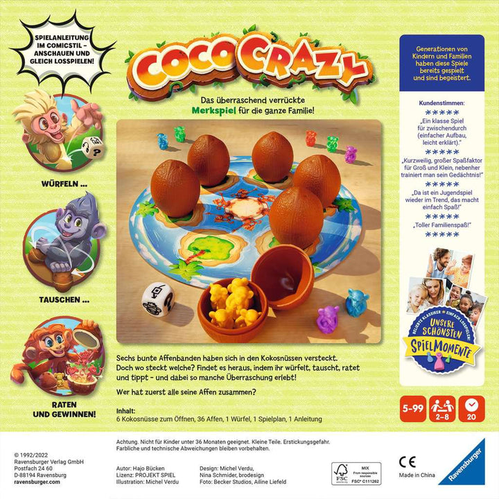 Ravensburger 20897 - Coco Crazy, Brettspiel für Kinder ab 5 Jahren, Familienspiel für Kinder und Erwachsene, Merkspiel für 2-8 Spieler