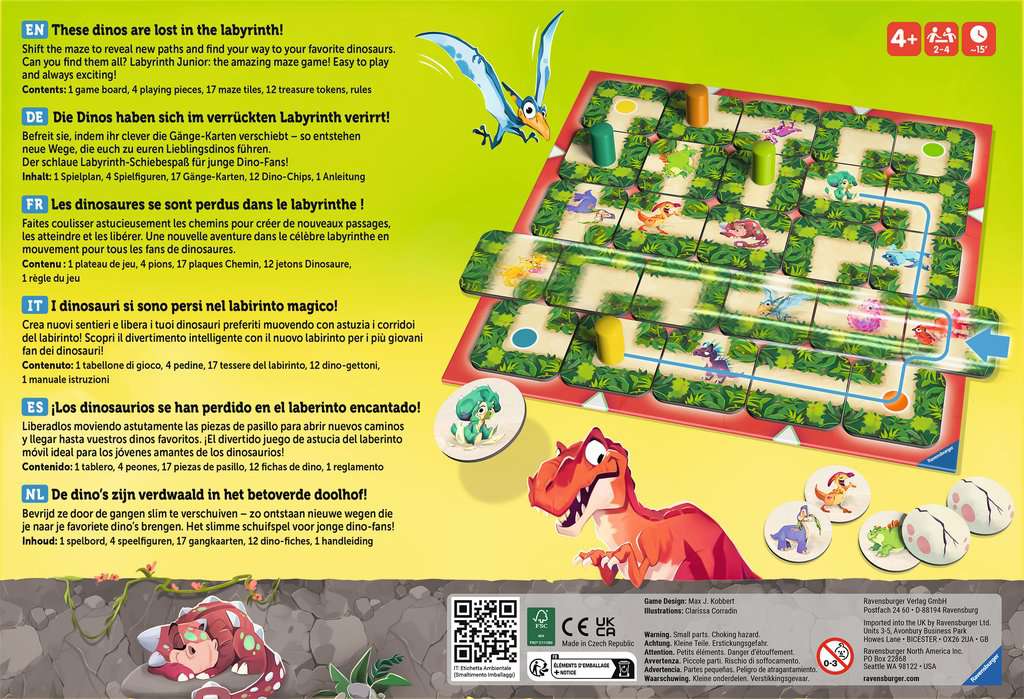 Ravensburger® 20980 - Dino Junior Labyrinth -  Familienklassiker für die Kleinen, Spiel für Kinder ab 4 Jahren -  Gesellschaftspiel geeignet für 2-4 Spieler, Junior-Ausgabe mit Dinosaurier-Thema