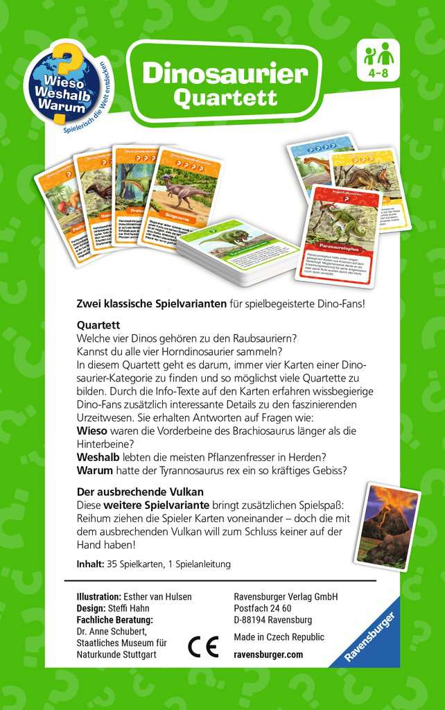 Ravensburger 22359 Wieso? Weshalb? Warum? Dinosaurier Quartett - Mitbringspiel mit detailreich gestalteten Karten zu spannenden Saurier-Arten, informativen Texten und einer weiteren Spielvariante