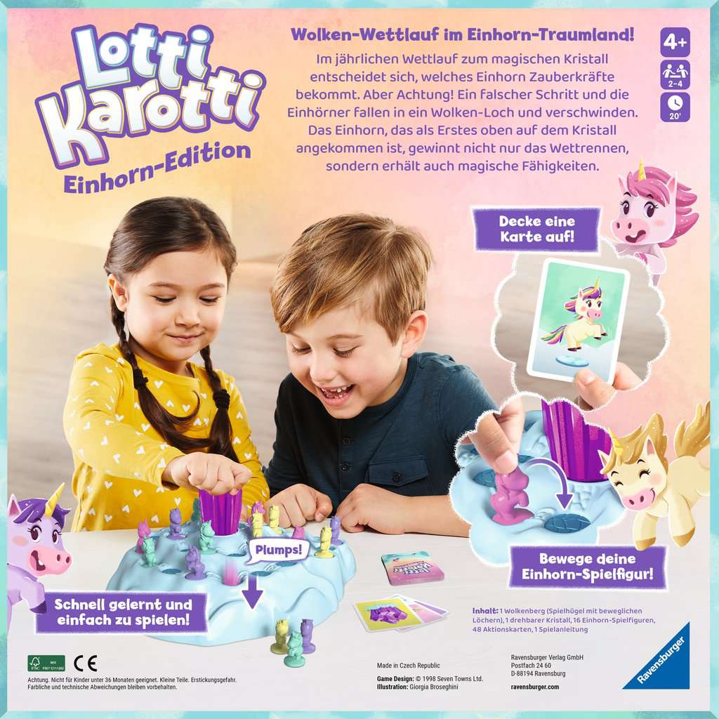 Ravensburger 22580 - Lotti Karotti Einhorn-Edition, Adaption des bekannten Spiele-Klassikers mit Einhörnern, unterhaltsames Wettlaufspiel für 2 bis 4 Kinder ab 4 Jahren