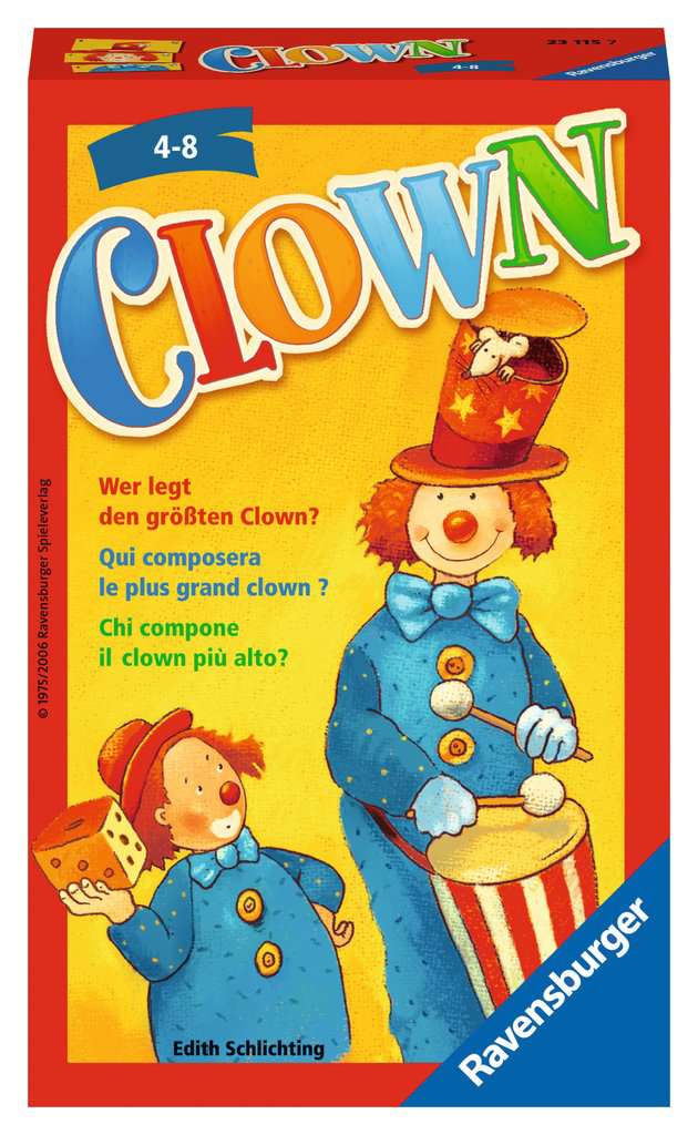 Ravensburger 23115 - Clown, Mitbringspiel für 2-6 Spieler, Kinderspiel ab 4 Jahren, kompaktes Format, Reisespiel, Würfelspiel