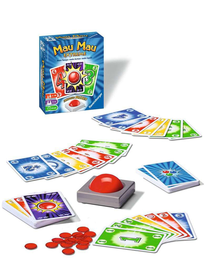 Ravensburger 26701 - Mau Mau Extreme, Kartenspiel mit Buzzer, Klassiker für 2-6 Spieler, Ablegespiel für Kinder und Erwachsene ab 6 Jahren