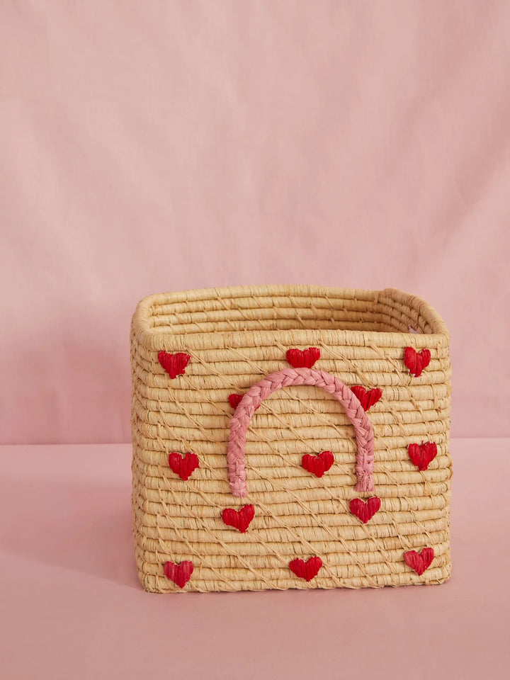 Raffia Square Basket with Raffia Handles -Hearts