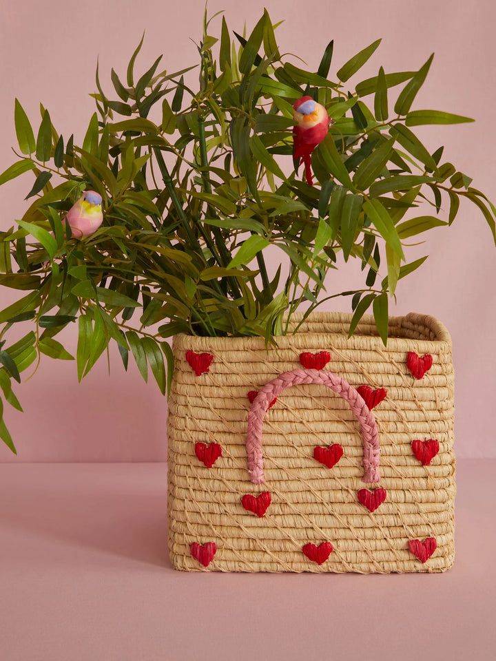 Raffia Square Basket with Raffia Handles -Hearts