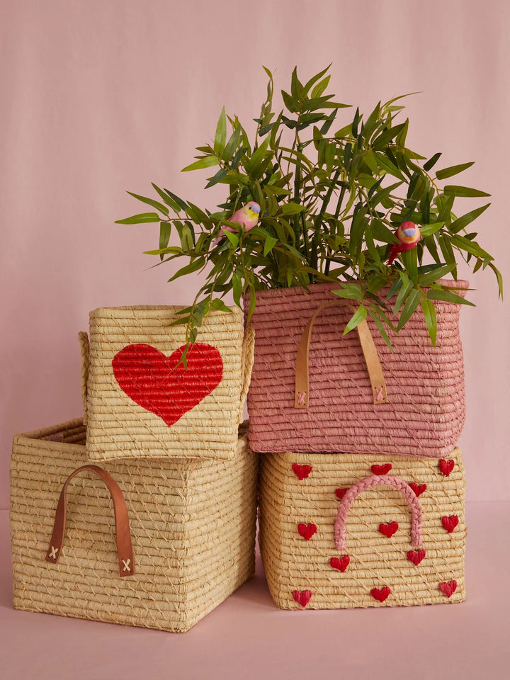 Raffia Square Basket with Raffia Handles -Hearts