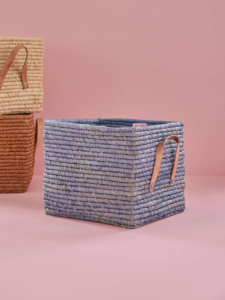 Raffia Square Basket with Leather Handles - Blue