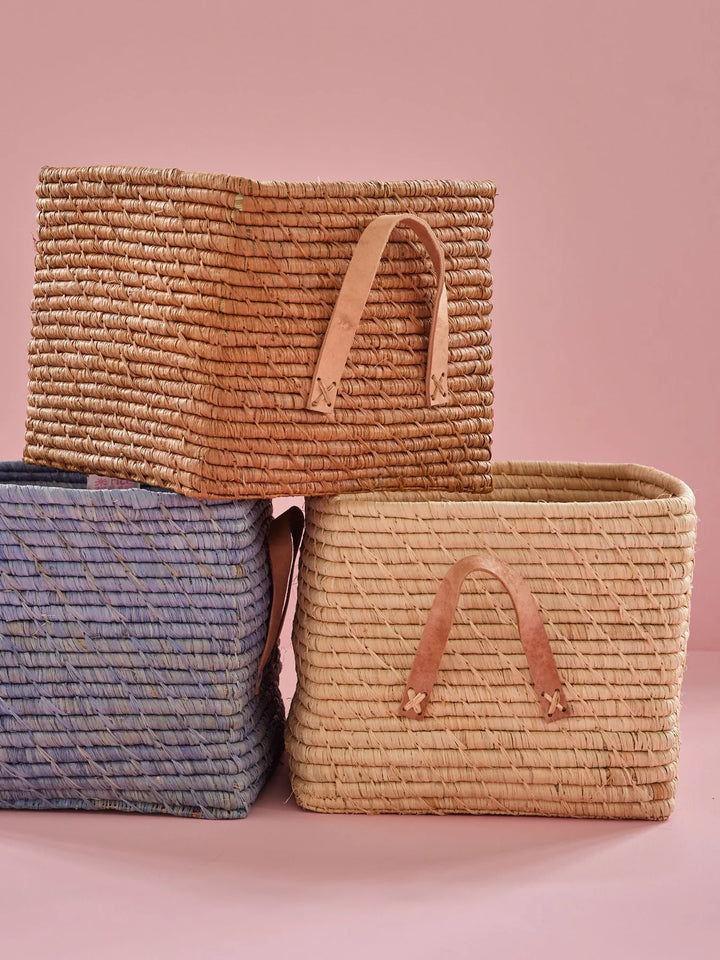 Raffia Square Basket with Leather Handles - Blue