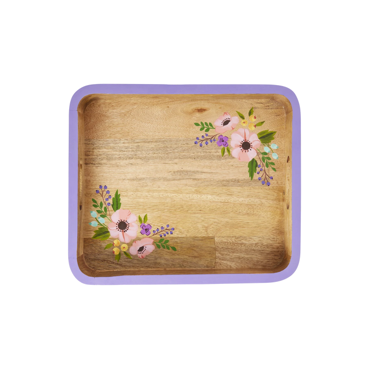 Rectangular Wooden Tray with Handpainted Purple Edge and Flowers - Small