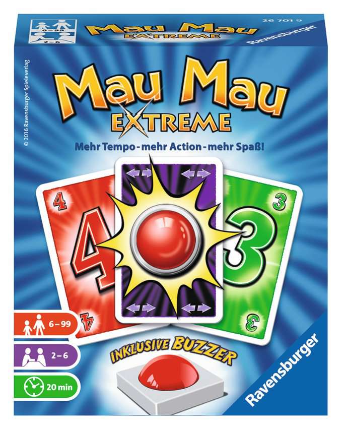 Ravensburger 26701 - Mau Mau Extreme, Kartenspiel mit Buzzer, Klassiker für 2-6 Spieler, Ablegespiel für Kinder und Erwachsene ab 6 Jahren