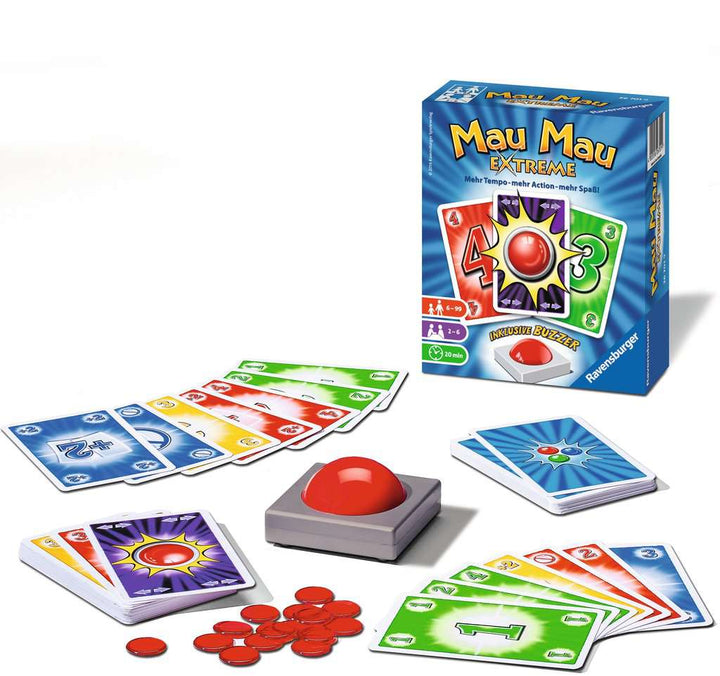 Ravensburger 26701 - Mau Mau Extreme, Kartenspiel mit Buzzer, Klassiker für 2-6 Spieler, Ablegespiel für Kinder und Erwachsene ab 6 Jahren