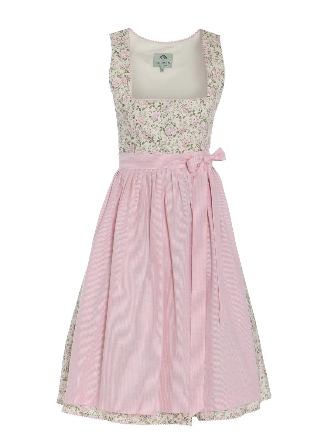 Rosendruck-Dirndl mit Streifen-Schürze